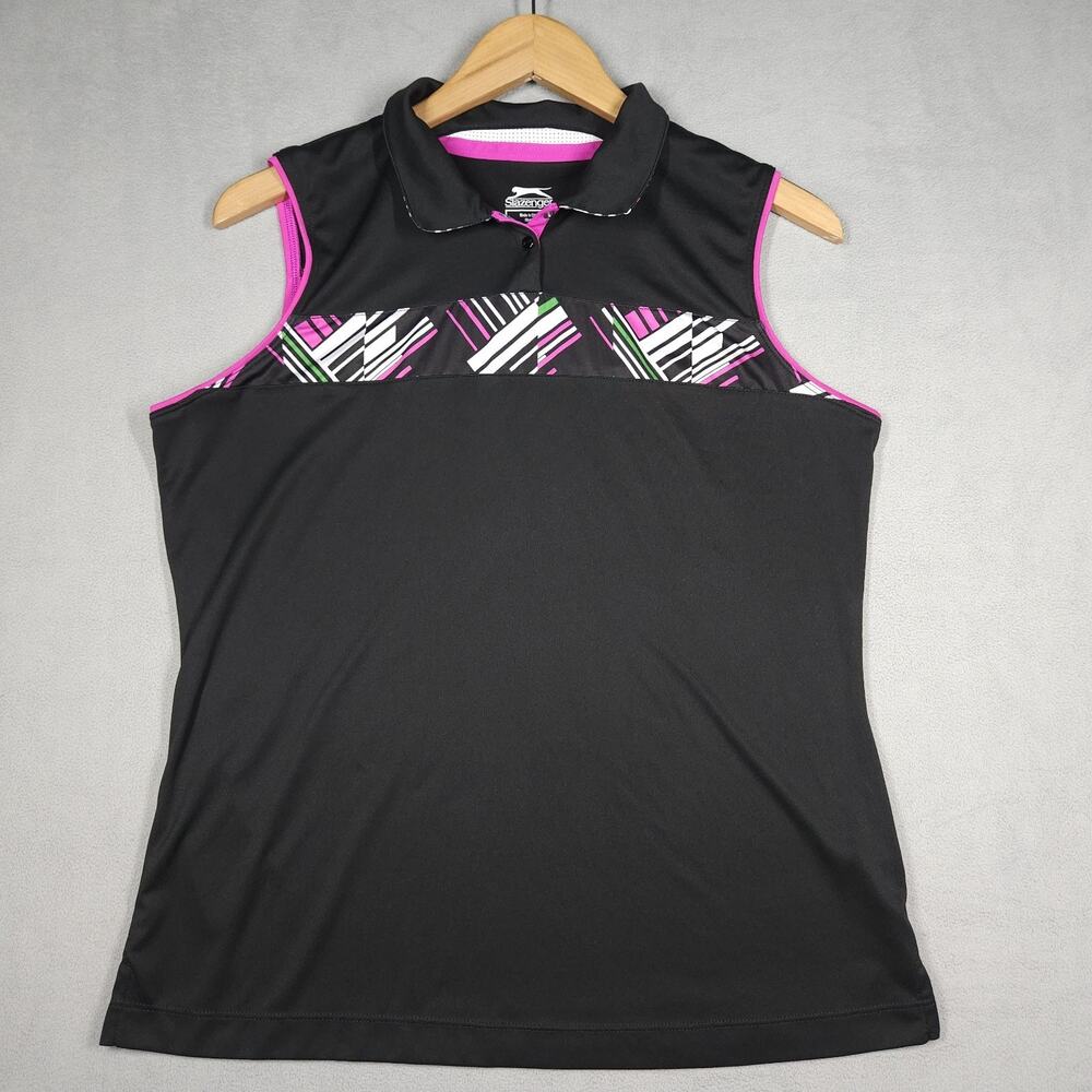 Slazenger Tank Top Women Large Black Purple Golf Tennis Collared Wicking Stretch